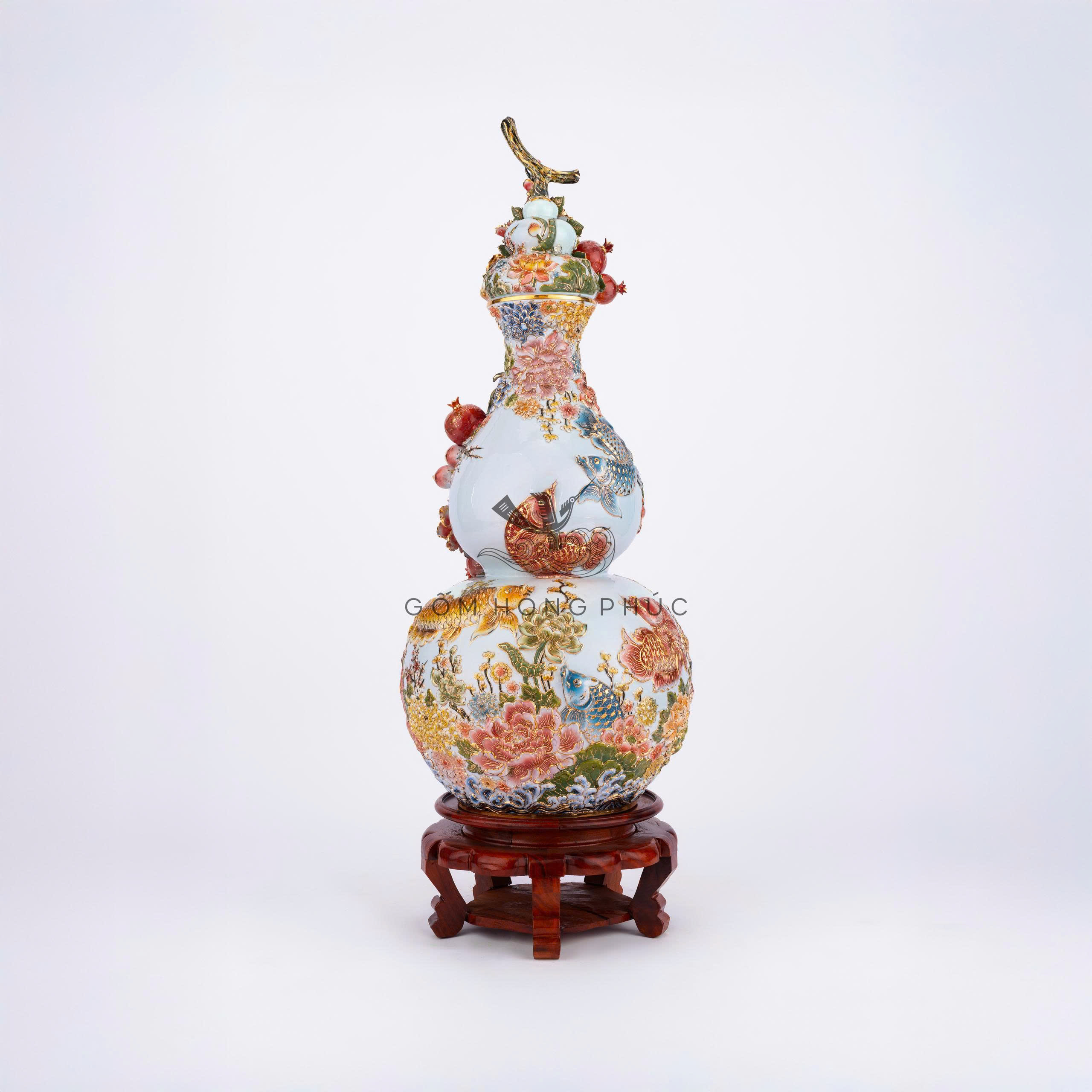 Hồ Lô Cá Rồng Kênh Bong Men Lam Vẽ Vàng 24k