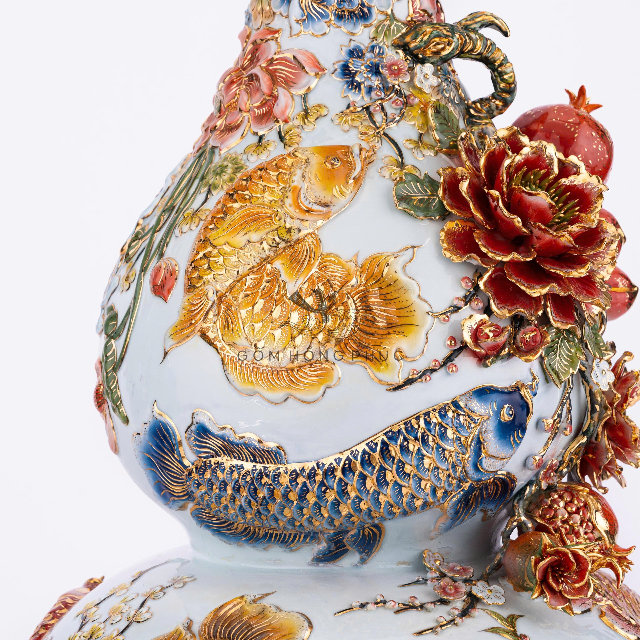 Hồ Lô Cá Rồng Kênh Bong Men Lam Vẽ Vàng 24k